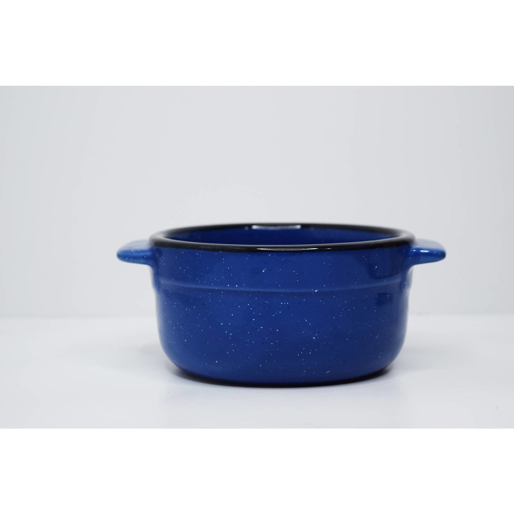 CYRK vintage ceramic stone crock soup bowl speckled blue & black rim
